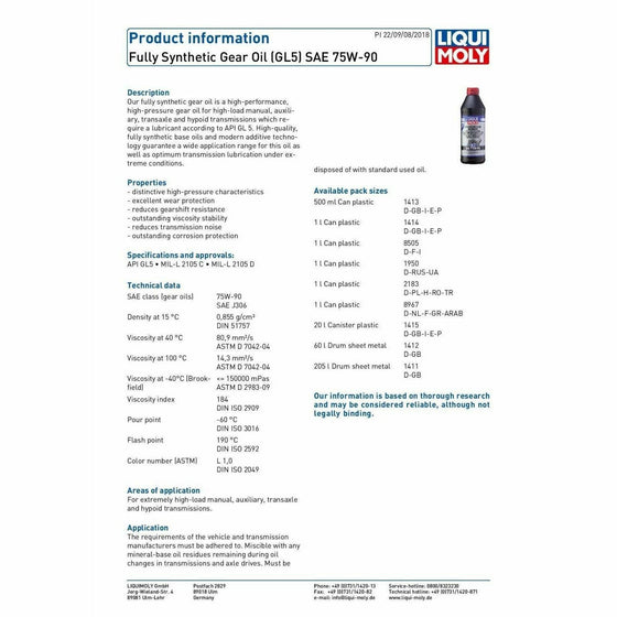 Liqui Moly Fully Synthetic Gear Oil (GL5) SAE 75W90 1414 - World of Lubricant