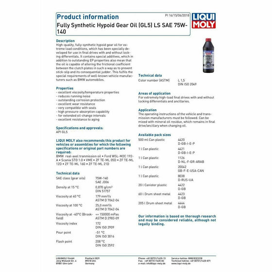 LIQUI MOLY 3L Fully Synthetic Hypoid Gear Oil (GL4/5) 75W90