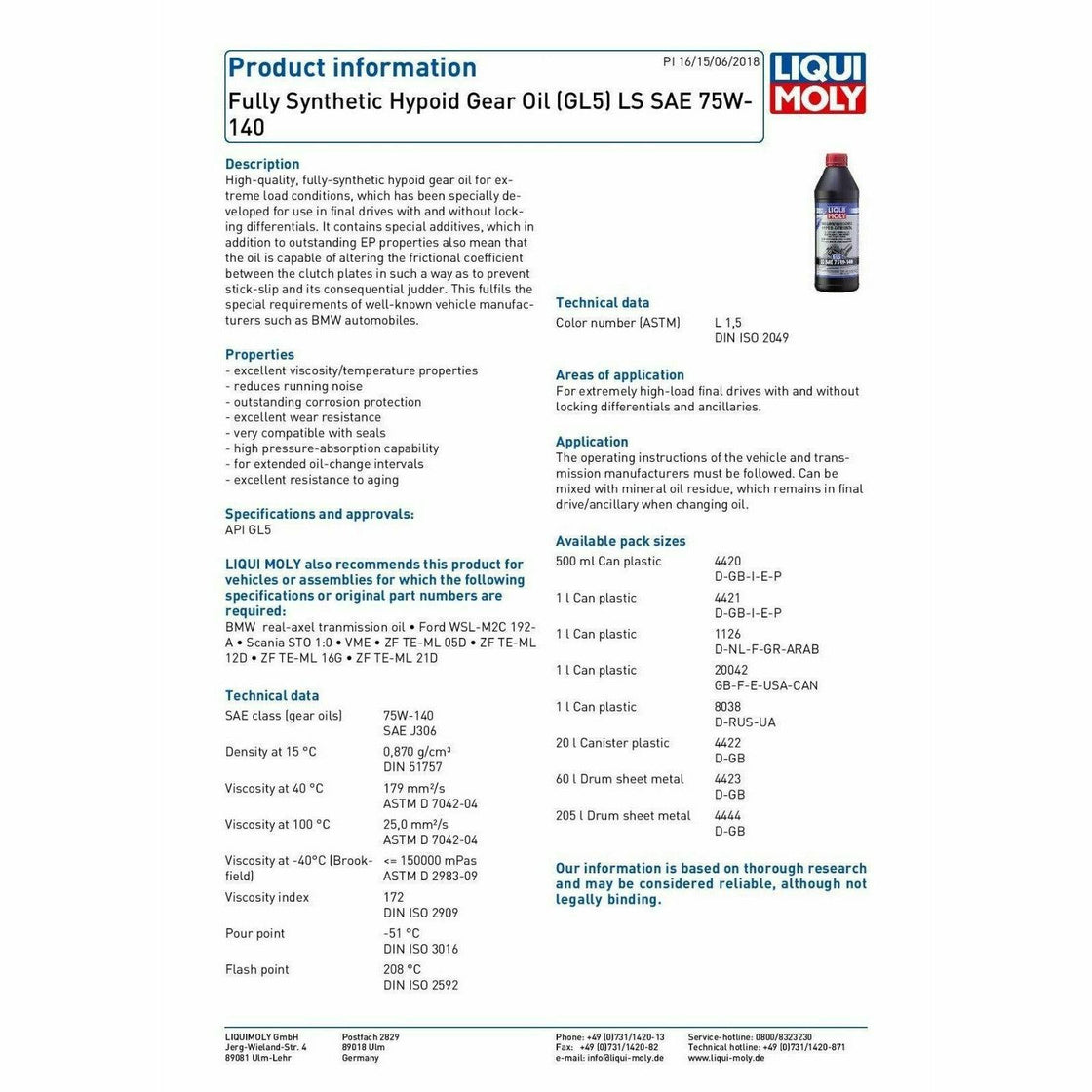 Liqui Moly Fully Synthetic Hypoid Gear Oil (GL5) LS SAE 75W140 1 Liter 4421 World of Lubricant