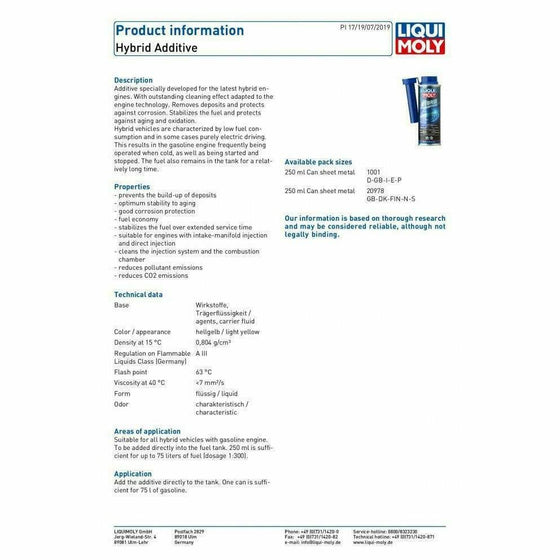Liqui Moly Hybrid Additive Electric Engine Cleaner Fuel Stabilizer 1001 - World of Lubricant
