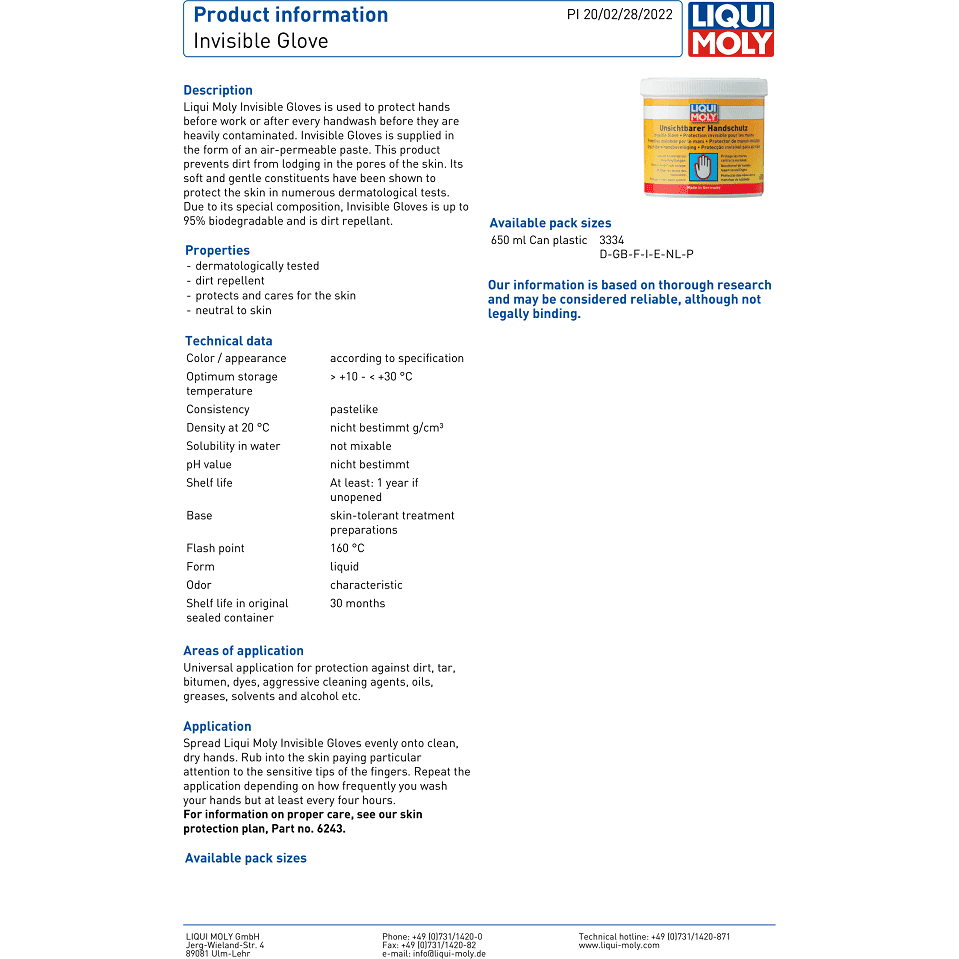 Liqui Moly Invisible Glove Hand Protection Air Permeable Cream 650ML 3