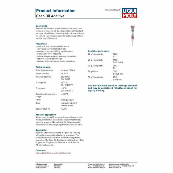 Liqui Moly MoS2 Gear Oil Additive 50g German Technology 2510 - World of Lubricant