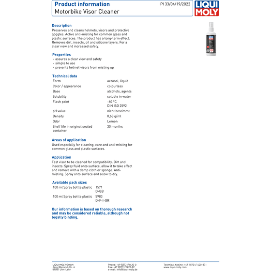 Liqui Moly Motorbike Visor Cleaner Removes Dirt Insects Oil 100ml 1571 - World of Lubricant
