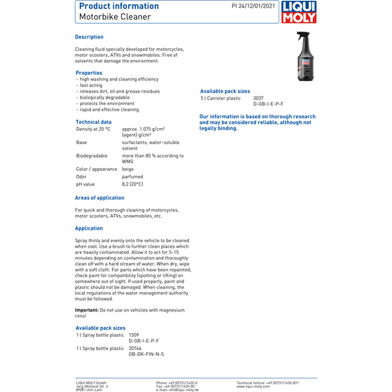 Liqui Moly Motorcycle Cleaner Spray Bottle Motorbike Biodegrade 1L 1509 - World of Lubricant