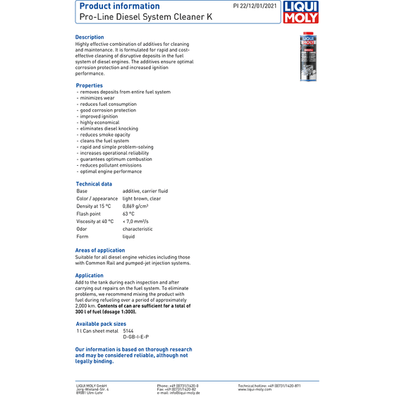 Liqui Moly Pro Line Diesel System Cleaner K 1L Fuel Injection Clean 51 –  World of Lubricant