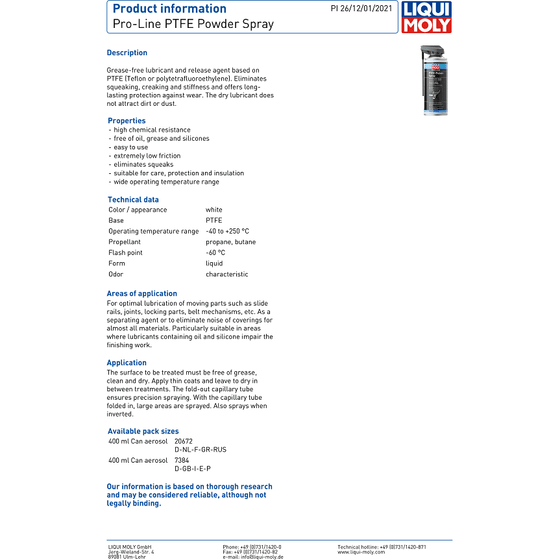 Liqui Moly Pro Line PTFE Powder Spray 400ML Oil Free Grease Free 7384 - World of Lubricant