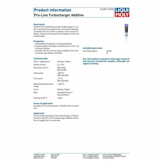 Turbo Additive Liqui Moly PRO-LINE TURBOCHARGER ADDITIVE 20 ml Made in Germany 1 Unit ...