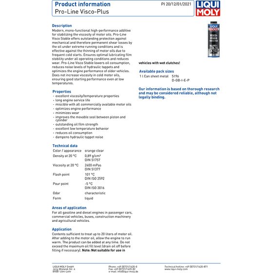 Liqui Moly Pro Line Visco Plus 1L High Performance Oil Additive 5196 - World of Lubricant