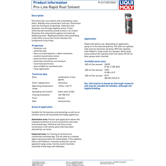 Liqui Moly Rapid Rust Solvent Pro Line 400ML Dissolves Rust Dirt 7390 - World of Lubricant
