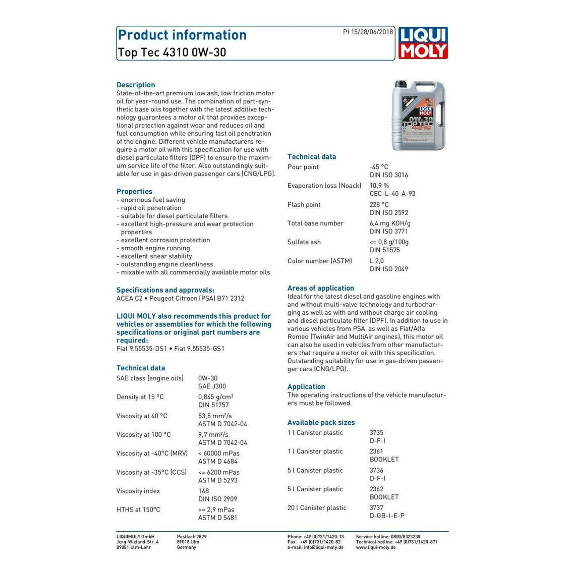 Liqui Moly Top Tec 4310 SAE 0W30 Engine Oil ACEA C2 5 Liters 2362