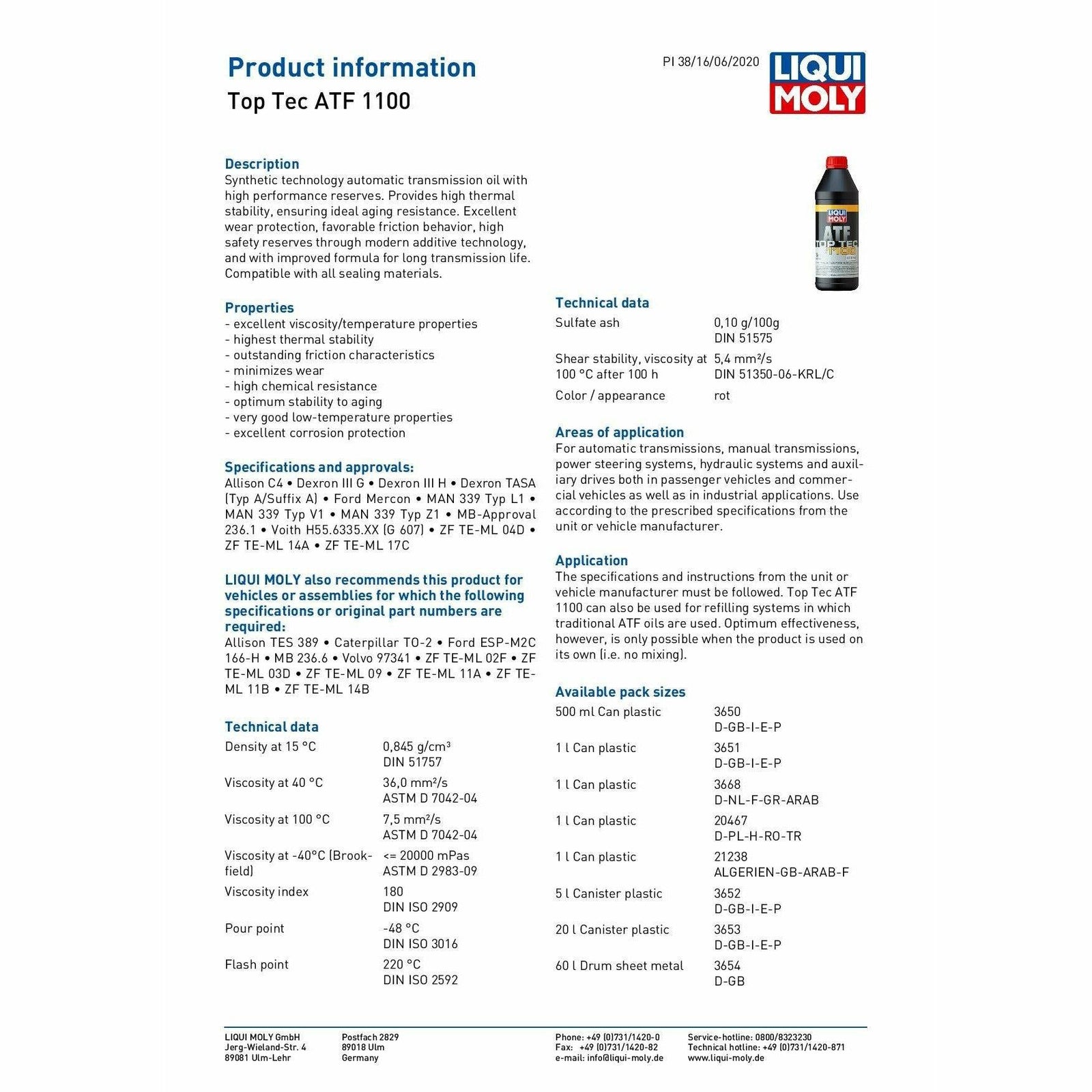 Liqui Moly Top Tec ATF 1100 Automatic Transmission Fluid 3651 5 Liters World of Lubricant