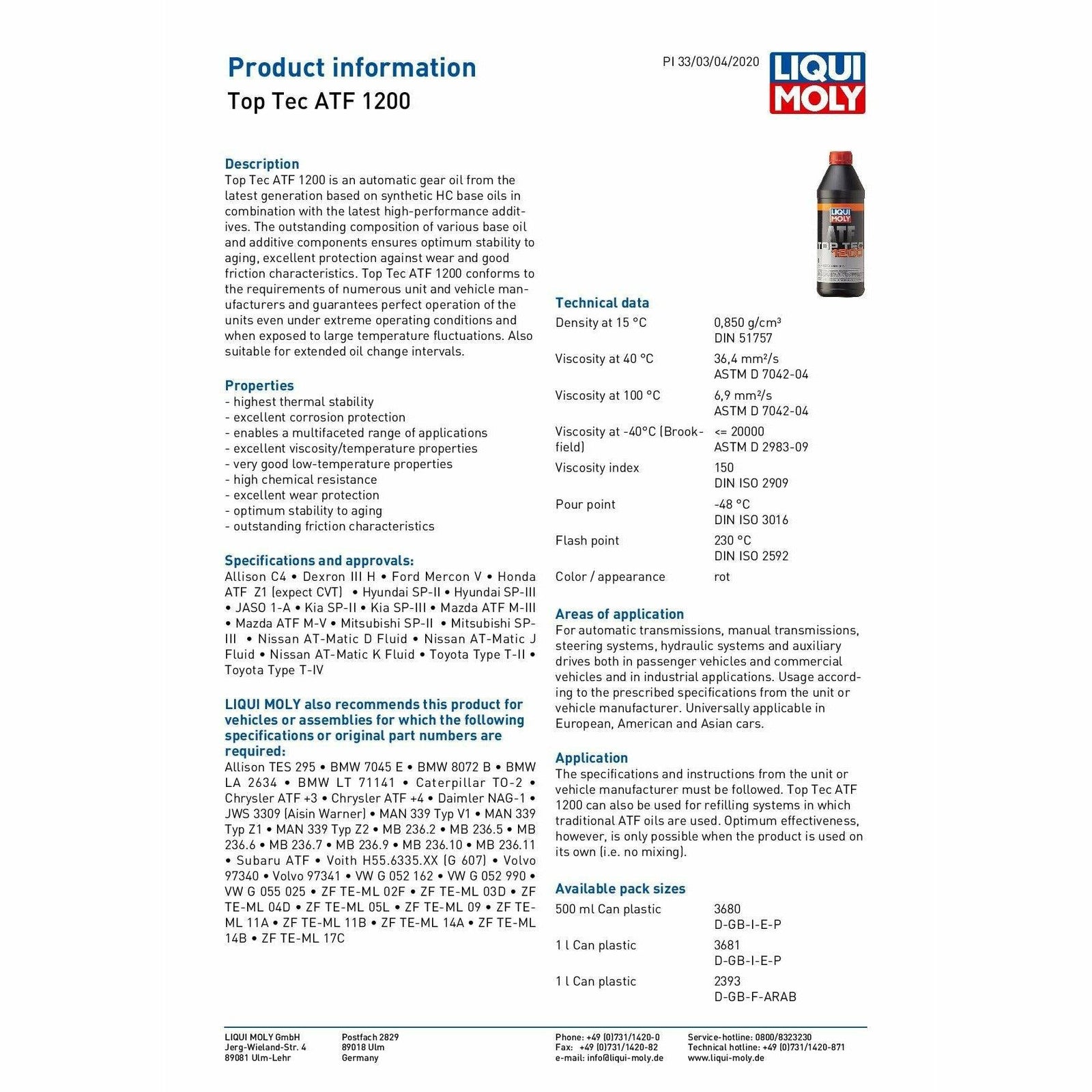 Liqui Moly Top Tec ATF 1200 Automatic Gear Oil 3681 Made in Germany 1