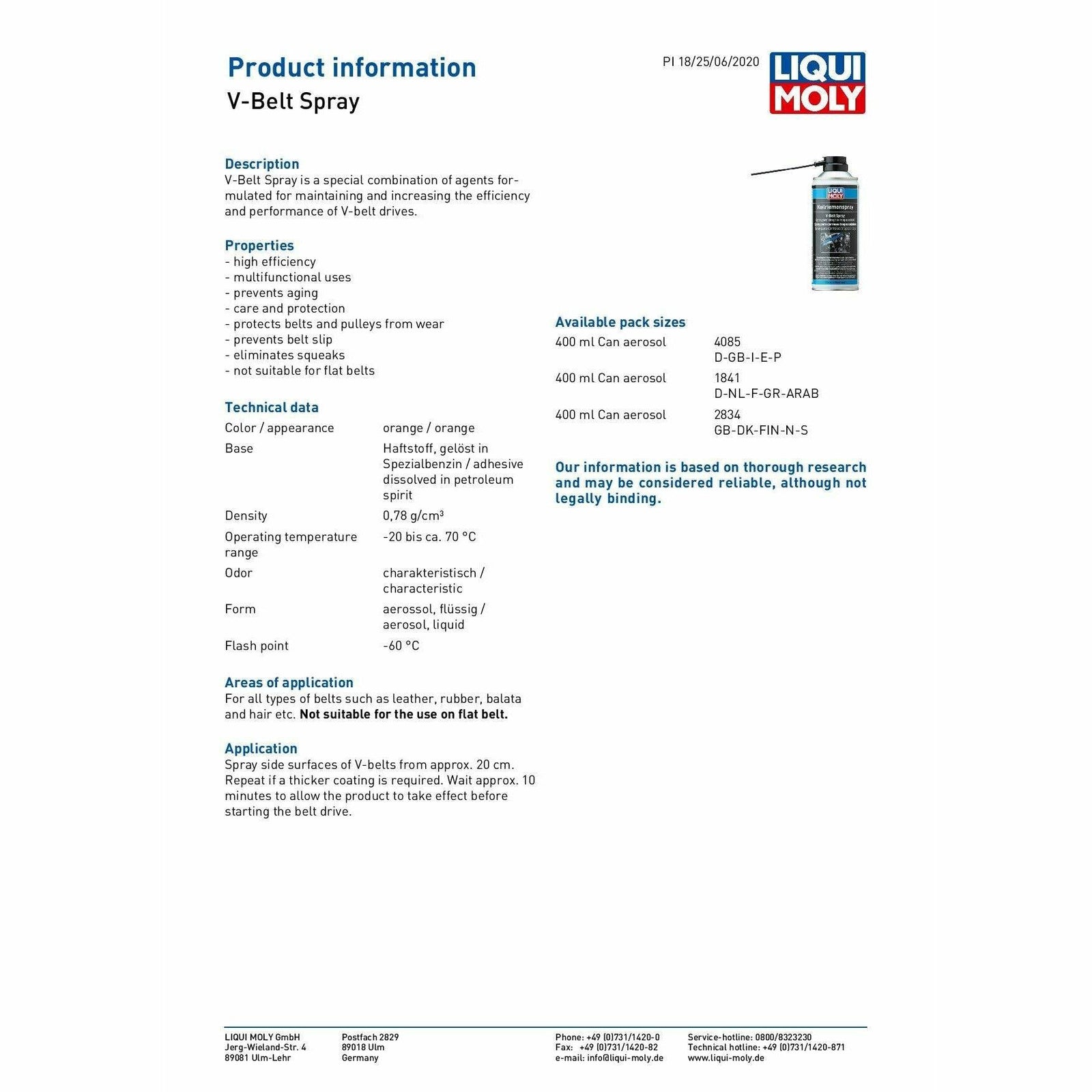 Liqui Moly VBelt Spray Maintain & Protect Fan Belt Slipping 400ml 408