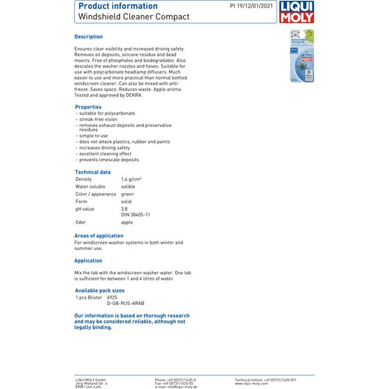 Liqui Moly Windshield Cleaner Compact Winter and Summer Use1 Unit 6925 - World of Lubricant