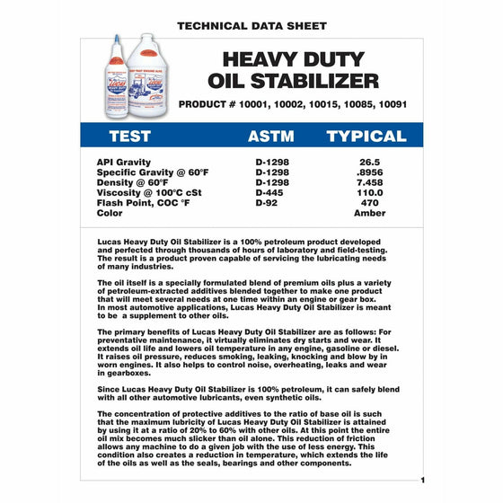 Lucas Oil Heavy Duty Oil Stabilizer Engine Additive Fluid 3.78L Oil Treatment 10002 - World of Lubricant