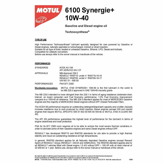 Motul 6100 Synergie+ 10W40 A3/B4 Synthetic Engine Oil VW MB SKODA AUDI 108647 - World of Lubricant
