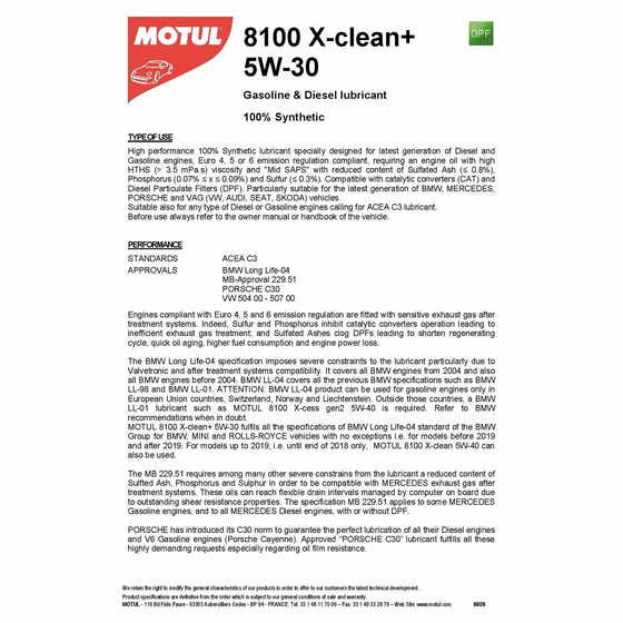 Motul 8100 X-Clean + 5W-30 Bmw LL04 MB 229.51 VW 50400 VW 50700 5 liter