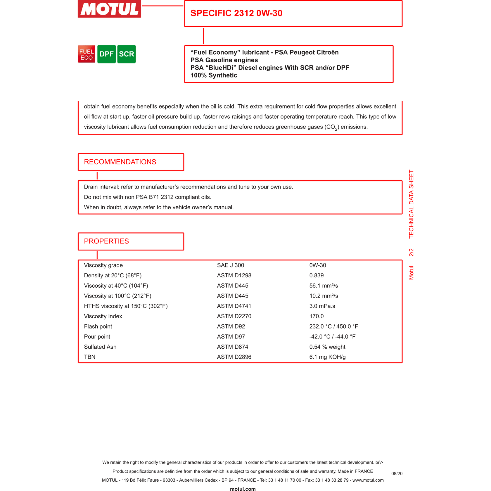 Motul Specific PSA 2312 0w-30 0w30 Fully Synthetic Engine Oil 106414 ...